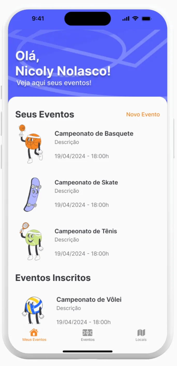 The BóJogar home screen listing a user's created and joined sports events