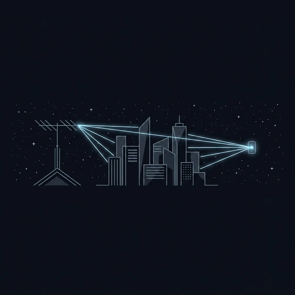 Illustration of a rooftop antenna emitting glowing signal rays across stylized city buildings toward a mobile receiver