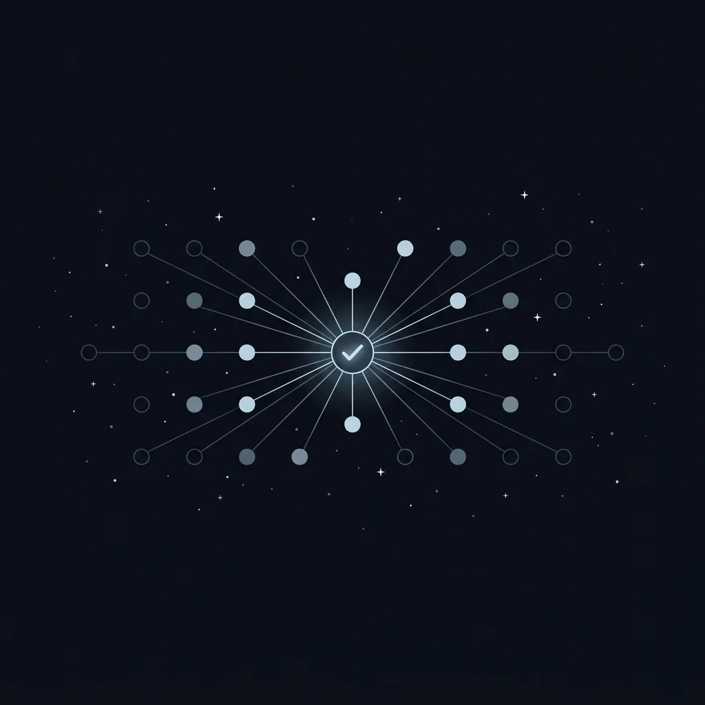 Illustration of a central check-in node connected to a grid of participant nodes, some lit to show attendance