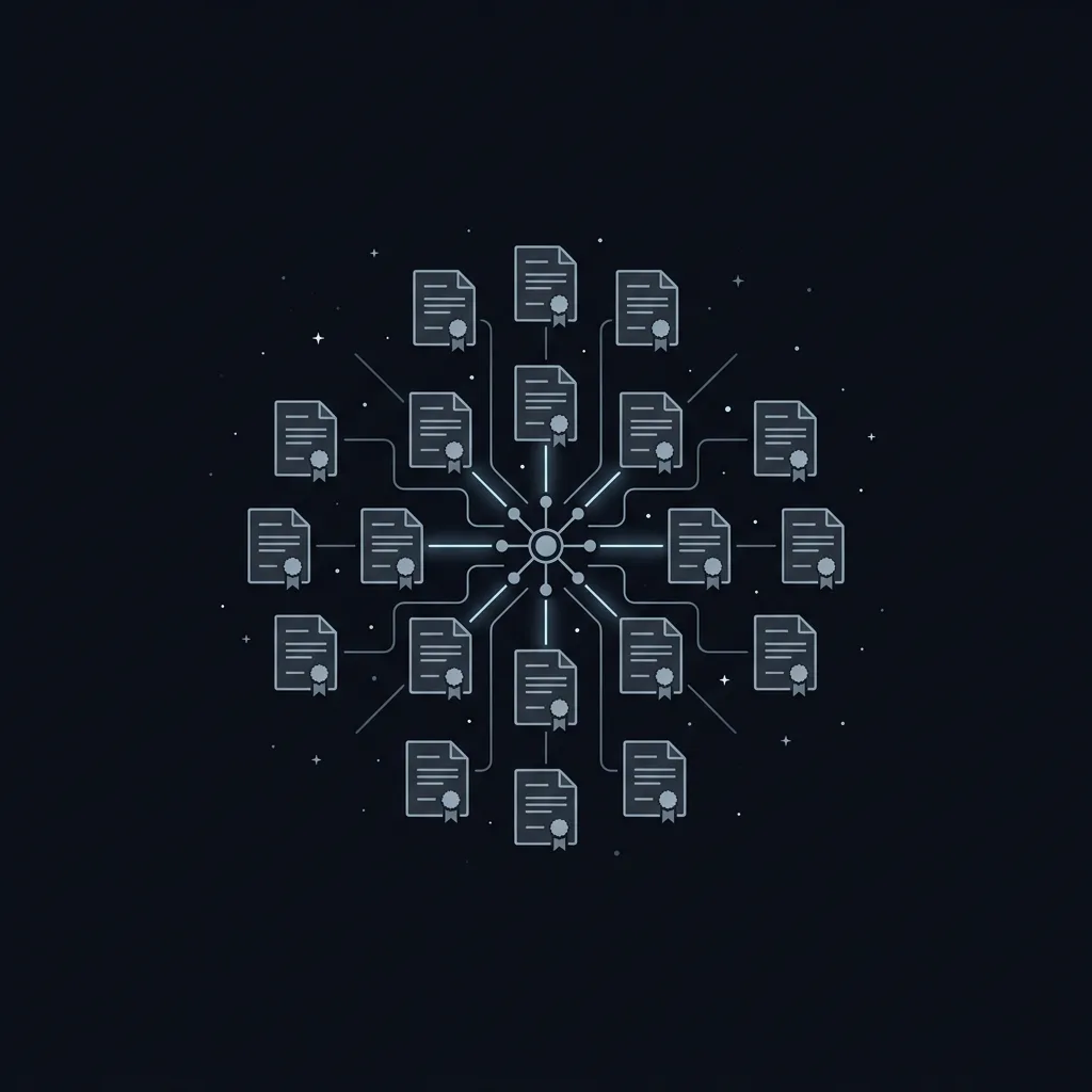 Illustration of a hub emitting certificate-shaped document icons in a grid