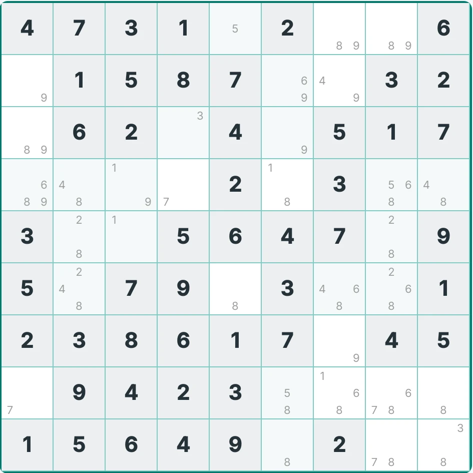 Screenshot of a Sudoku grid with pencil-mark candidate numbers in the Sudoku Assistant Qt desktop app